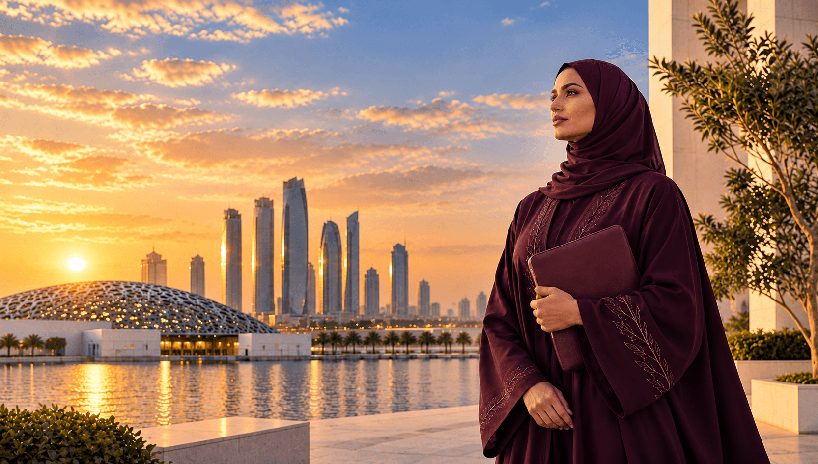 Woman entrepreneur overlooking the Abu Dhabi skyline